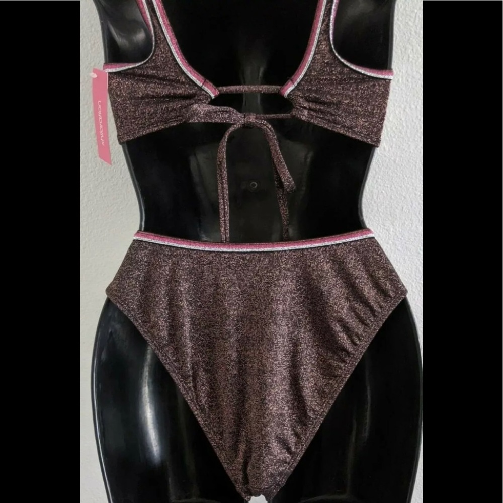 Women Metallic Shine High Leg Scoop Waist Bikini - Picture 2 of 12
